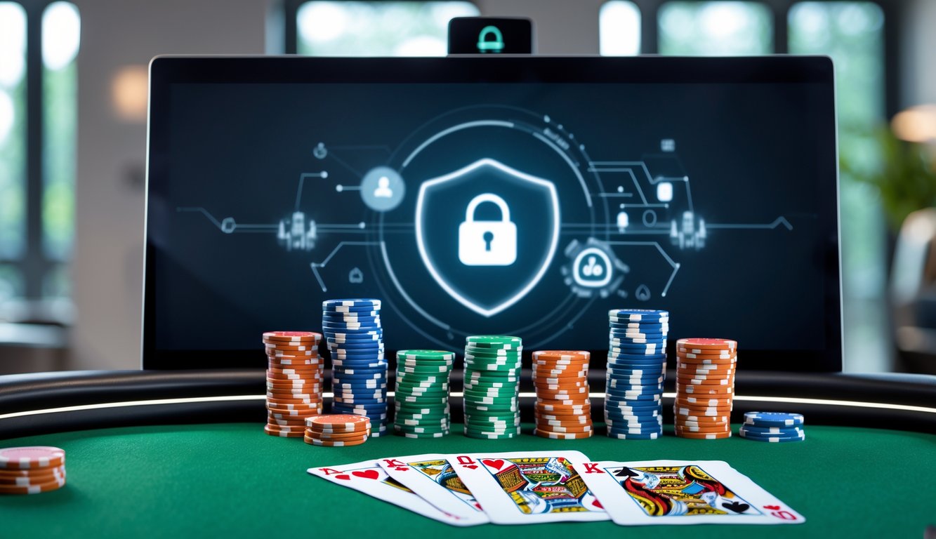 Meja poker dengan tumpukan chip dan kartu bermain, di latar belakang layar digital dengan grafik abstrak yang menunjukkan koneksi online.