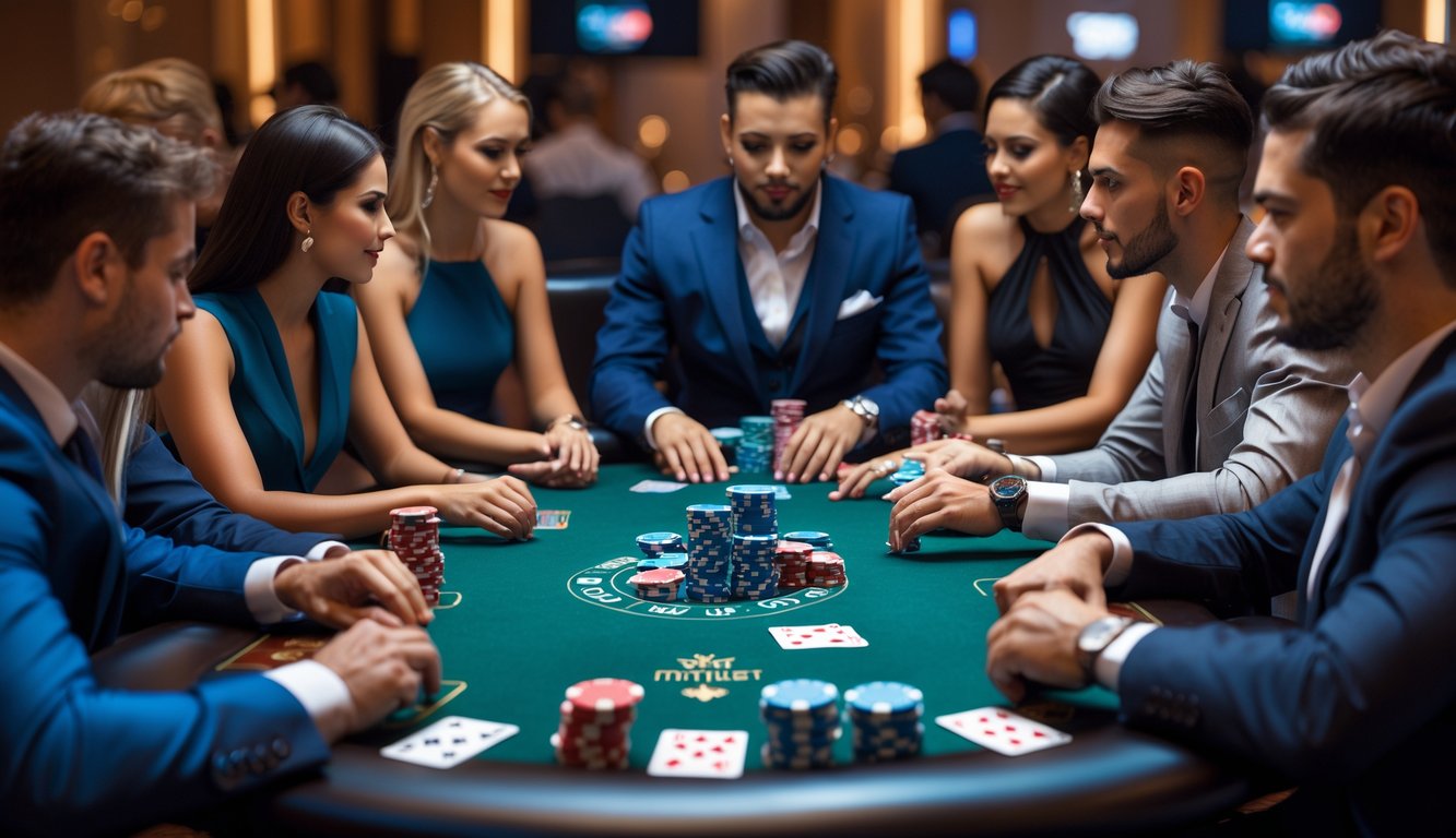 Sekelompok pemain poker yang serius sedang bermain Texas Hold'em di meja poker dengan tumpukan chip dan kartu di tangan, di dalam ruangan kasino yang elegan.