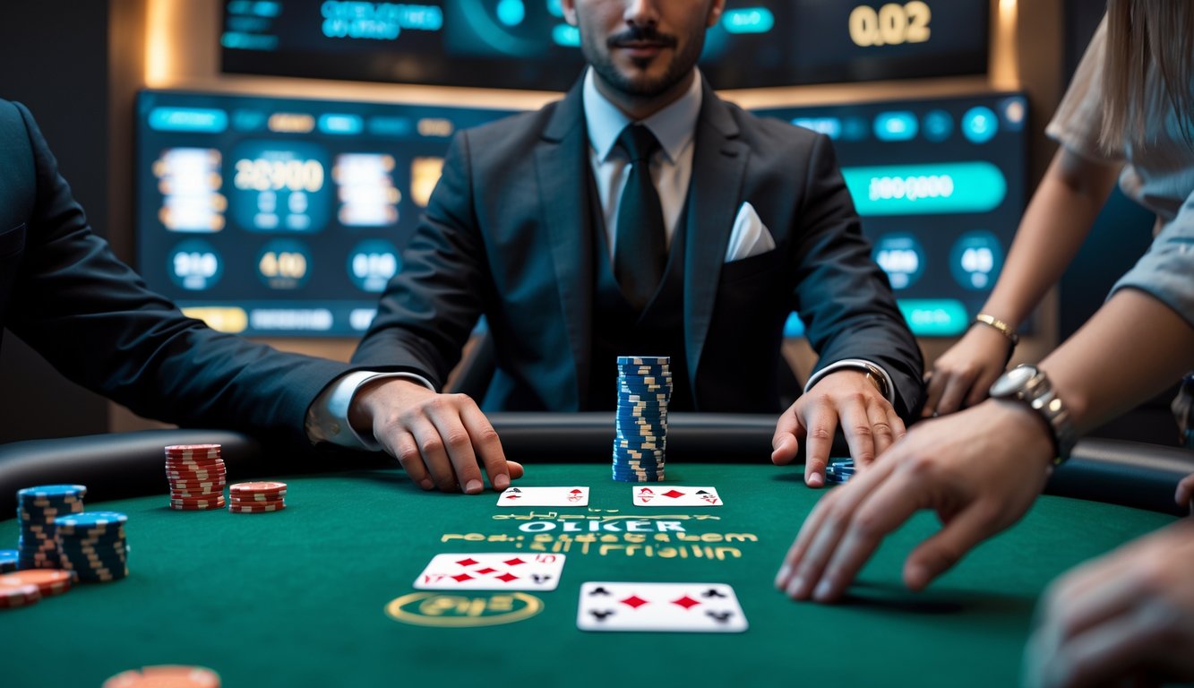 Seorang dealer profesional sedang memimpin permainan poker Texas Hold’em dengan meja hijau dan chip poker di depan.