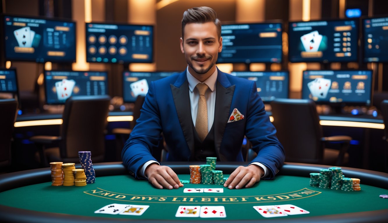 Seorang dealer poker profesional duduk di meja poker dengan kartu dan chip, dikelilingi oleh layar komputer yang menampilkan permainan poker online.