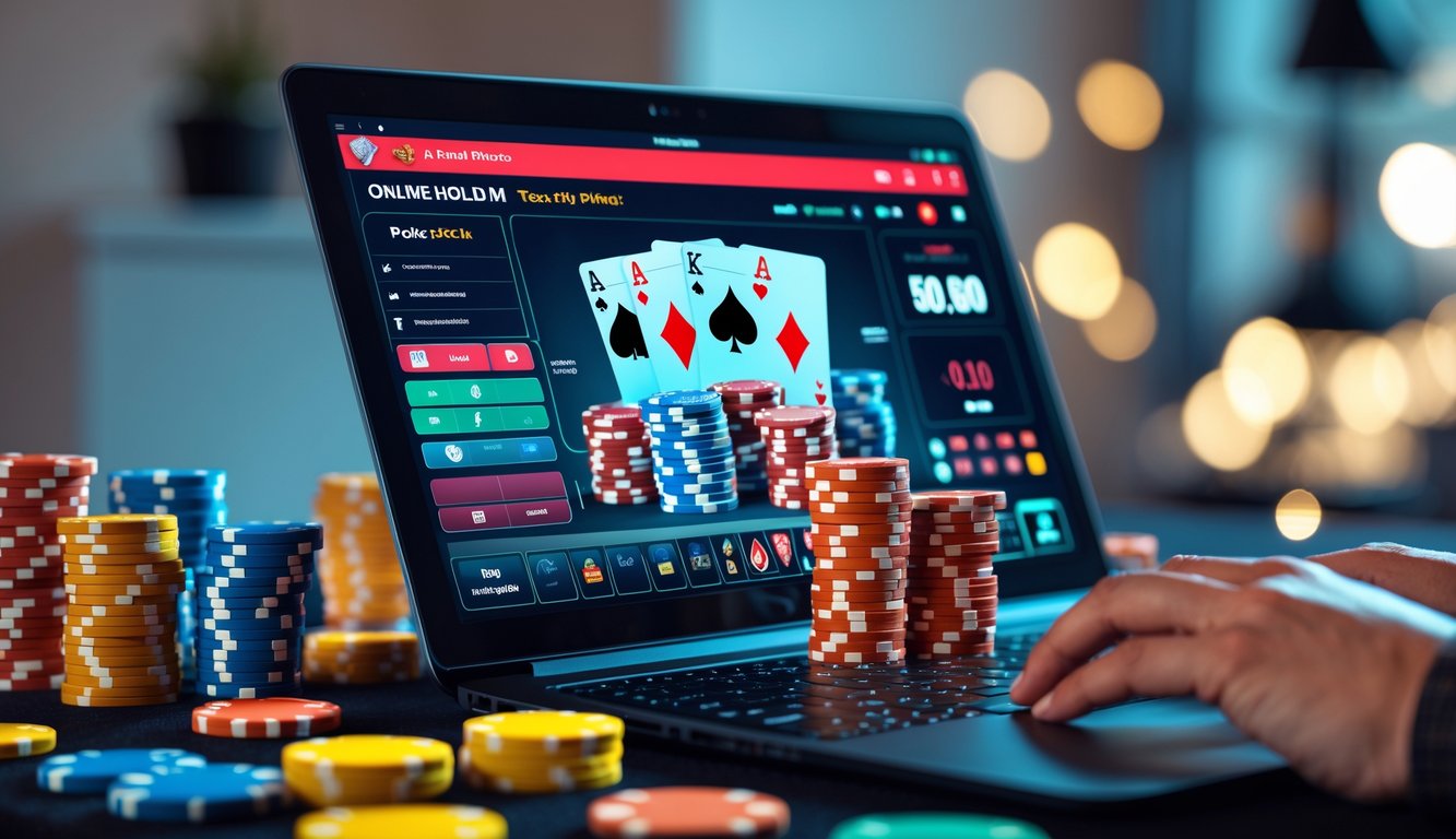 Seorang pemain poker online dengan laptop menampilkan permainan Texas Hold'em dan tumpukan chip poker di meja.