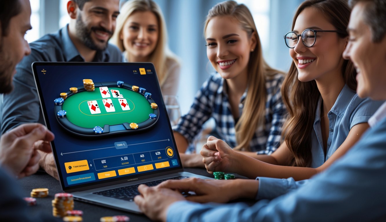 Beberapa orang sedang bermain poker online Texas Hold'em di depan laptop dengan kartu dan chip poker di layar.