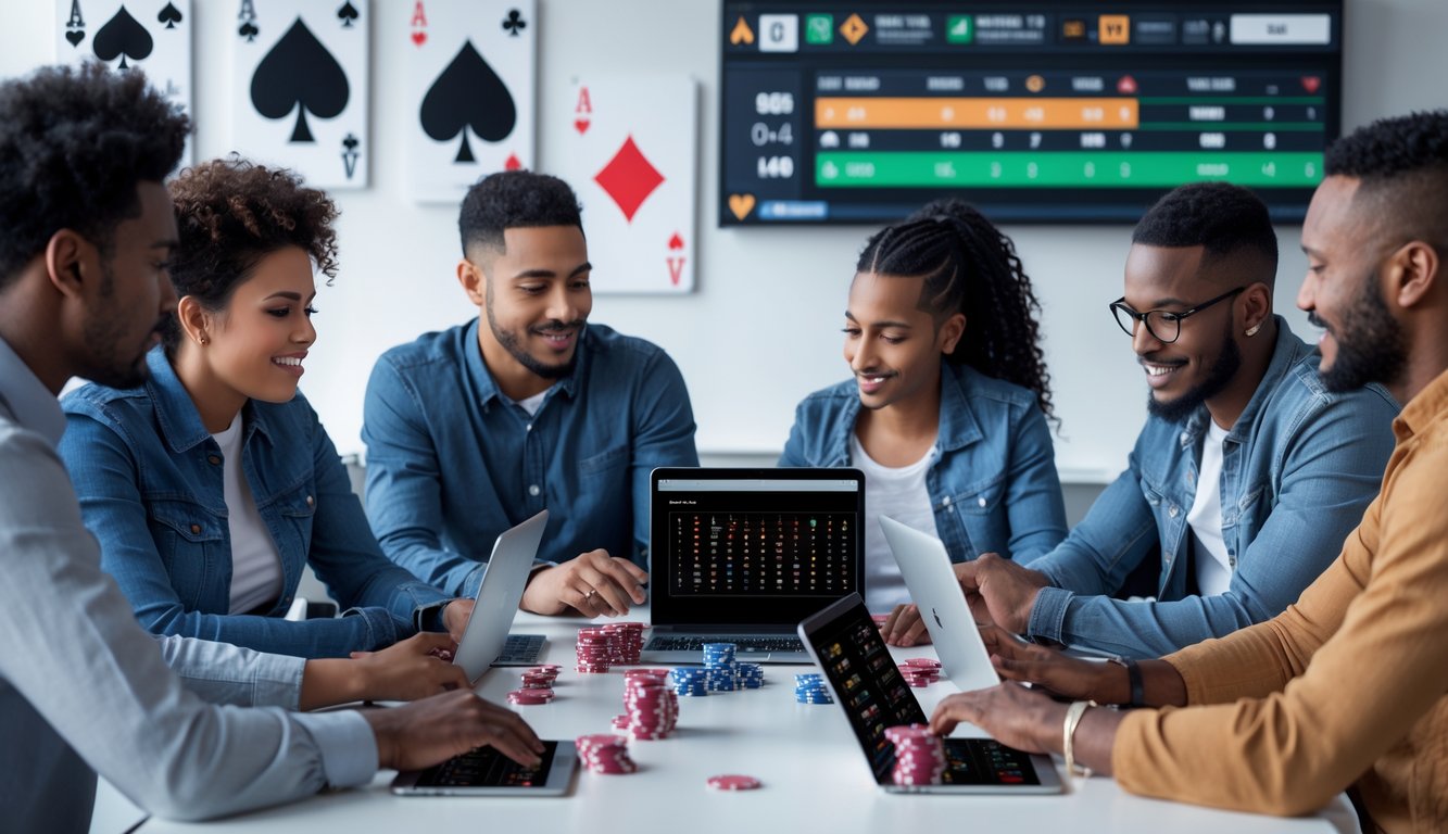 Sekelompok orang belajar bermain poker online Texas Hold’em menggunakan laptop dan kartu remi di ruangan yang terang dan modern.