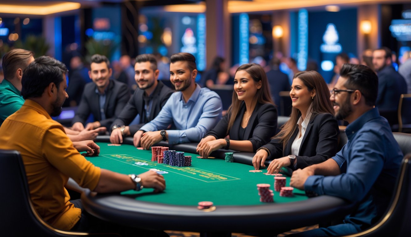 Sekelompok orang bermain poker Texas Hold'em di meja hijau dengan chip dan kartu, menunjukkan suasana belajar dan permainan.