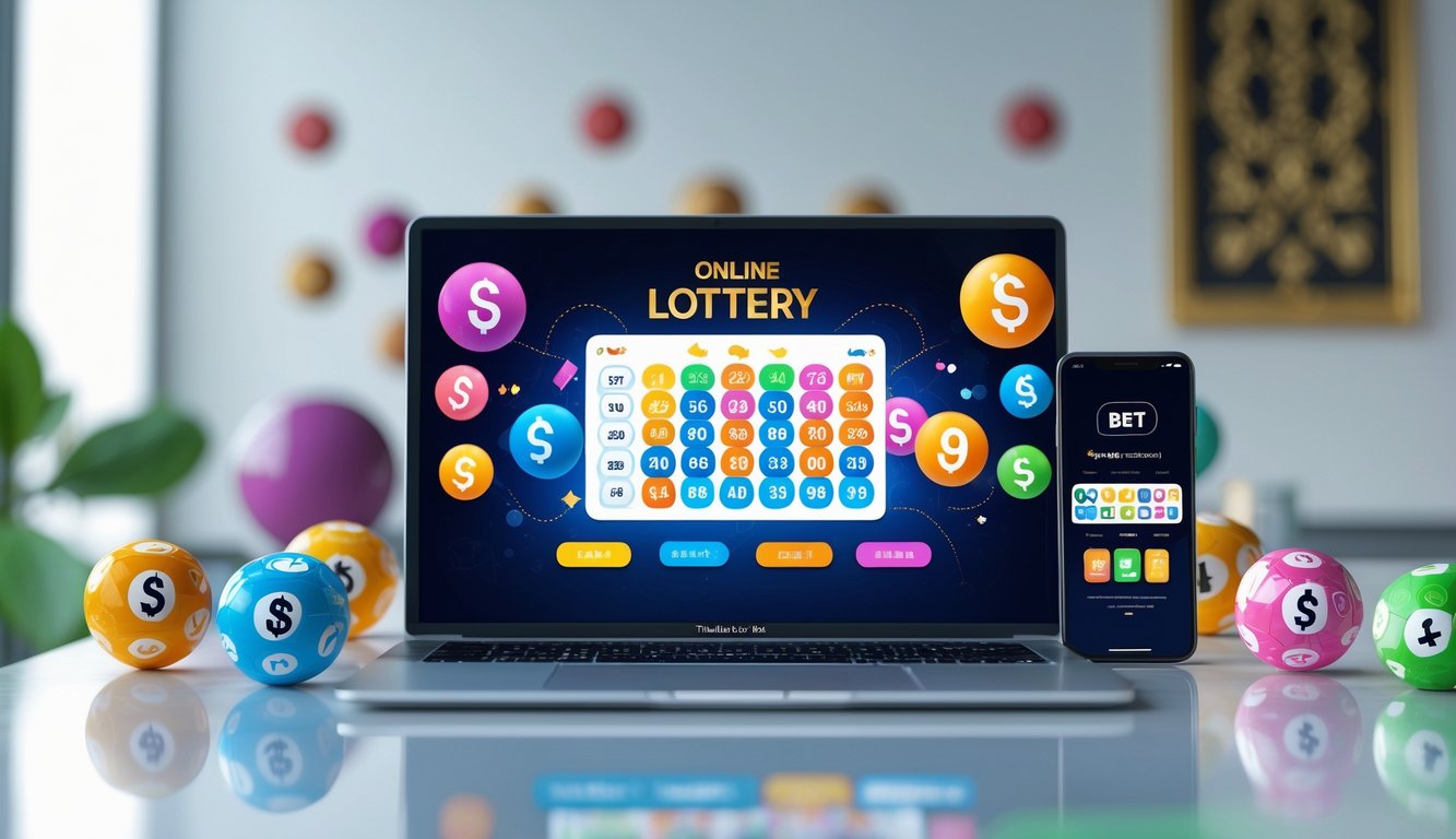Meja kerja modern dengan laptop dan smartphone yang menampilkan aplikasi judi togel online, dikelilingi bola togel dan ikon mata uang digital.