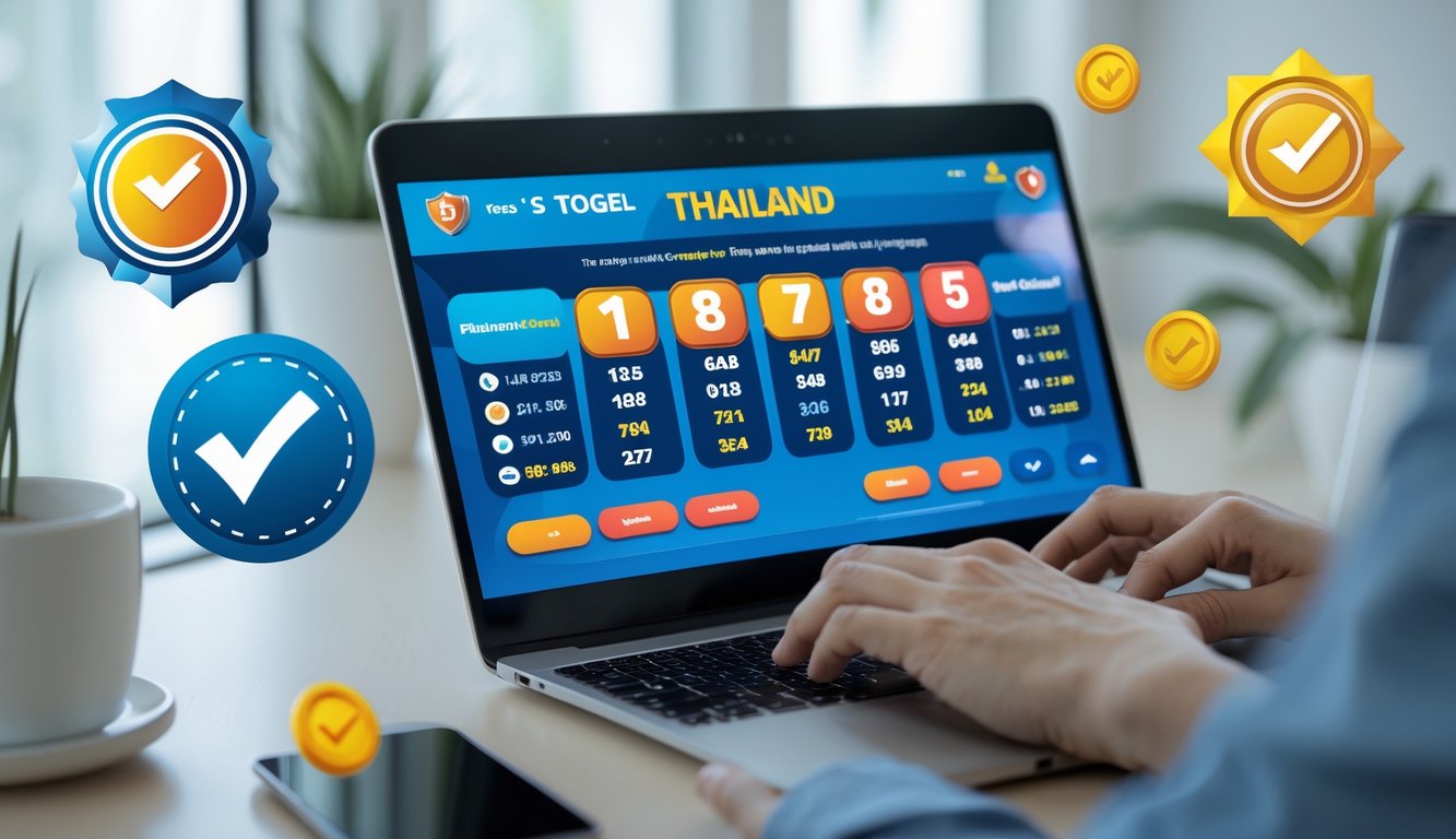 Seseorang menggunakan komputer dengan layar menampilkan antarmuka permainan togel Thailand online di ruang kerja yang rapi dan terang.