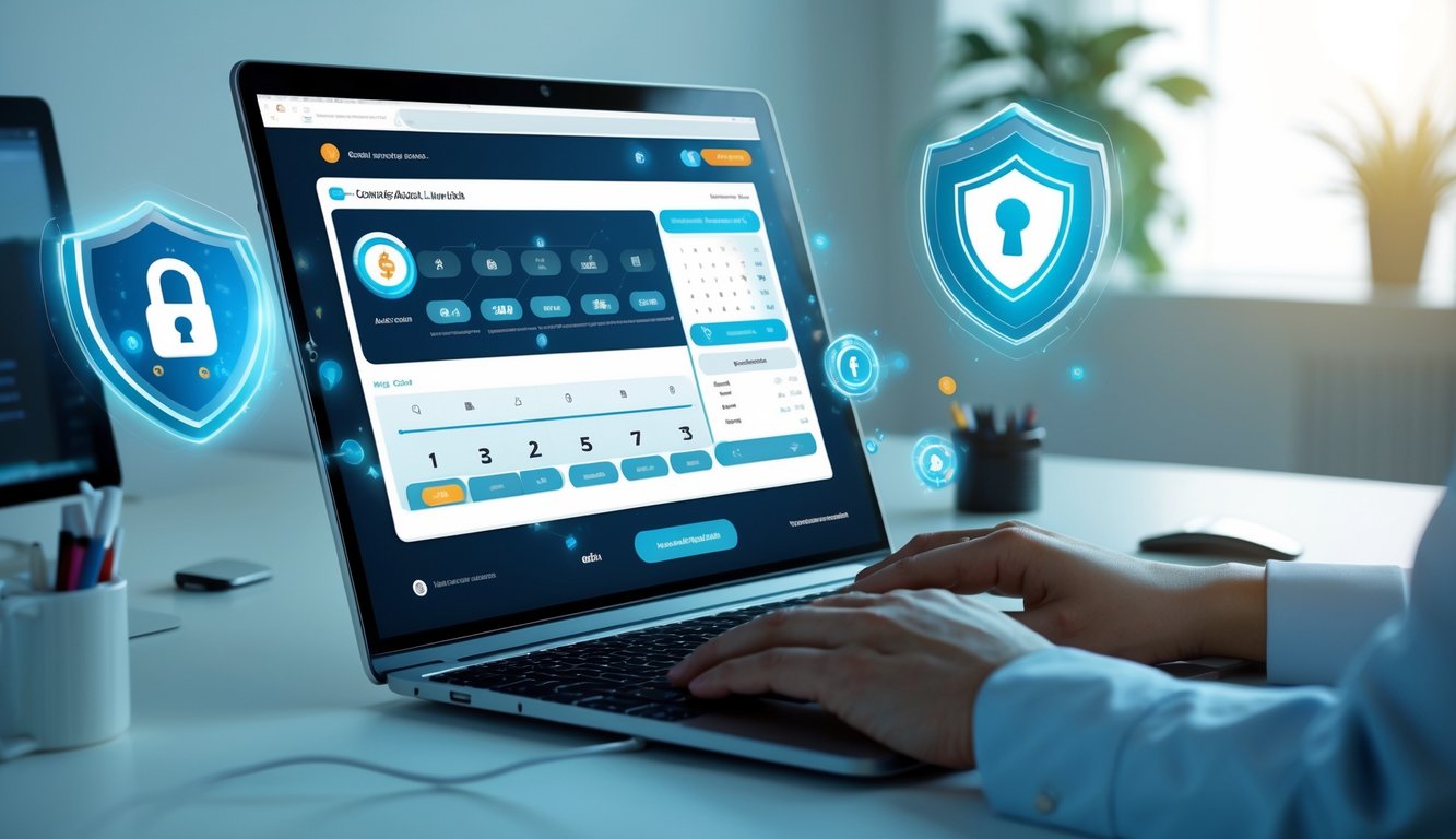 Seorang profesional menggunakan laptop di meja kerja yang rapi dengan tampilan antarmuka lotere digital, menunjukkan konsep judi togel online yang aman dan terpercaya di Thailand.