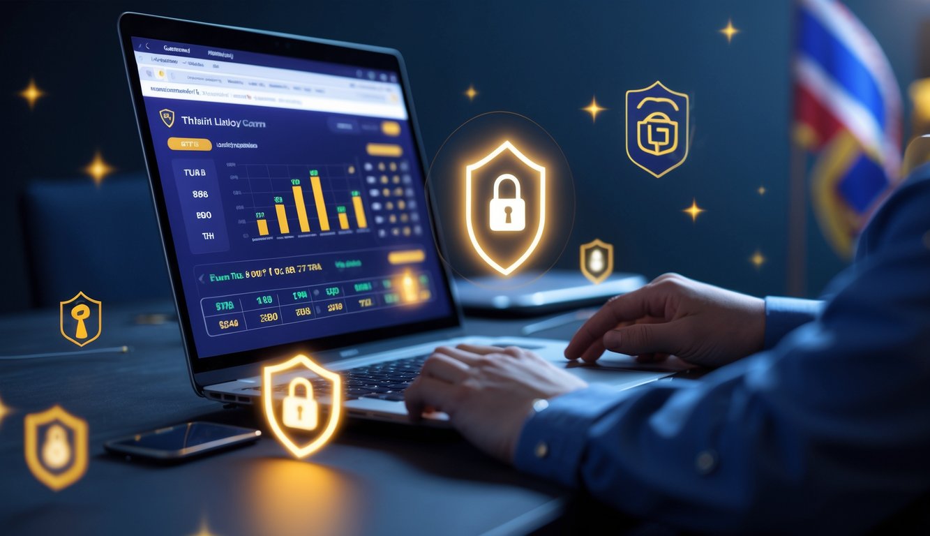 Seorang profesional menggunakan laptop dengan tampilan antarmuka lotere online Thailand, di meja kerja yang rapi dengan simbol keamanan di sekitar.