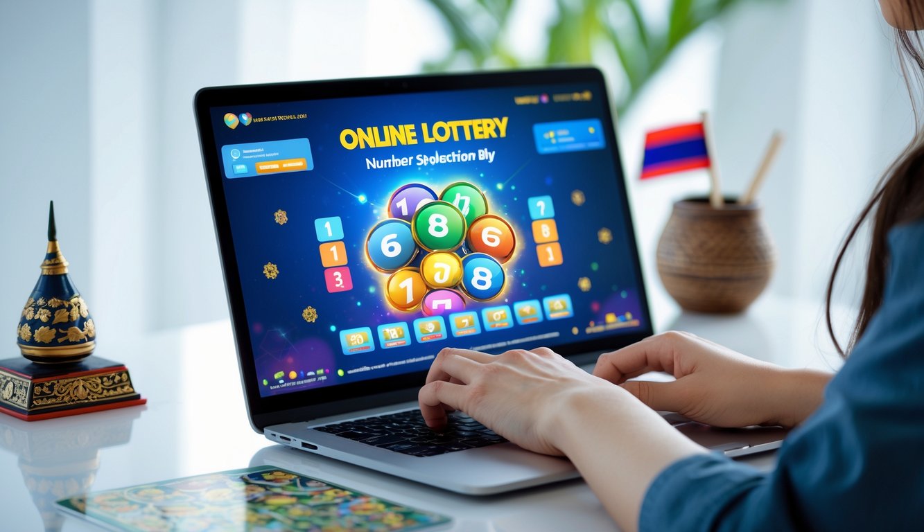 Seseorang menggunakan laptop di meja kerja dengan tampilan permainan togel online dan elemen budaya Thailand di sekitarnya.