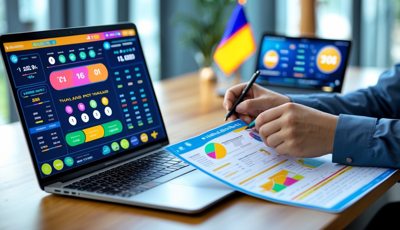 Seseorang sedang bekerja dengan laptop dan dokumen yang berisi data dan grafik strategi judi togel Thailand online.
