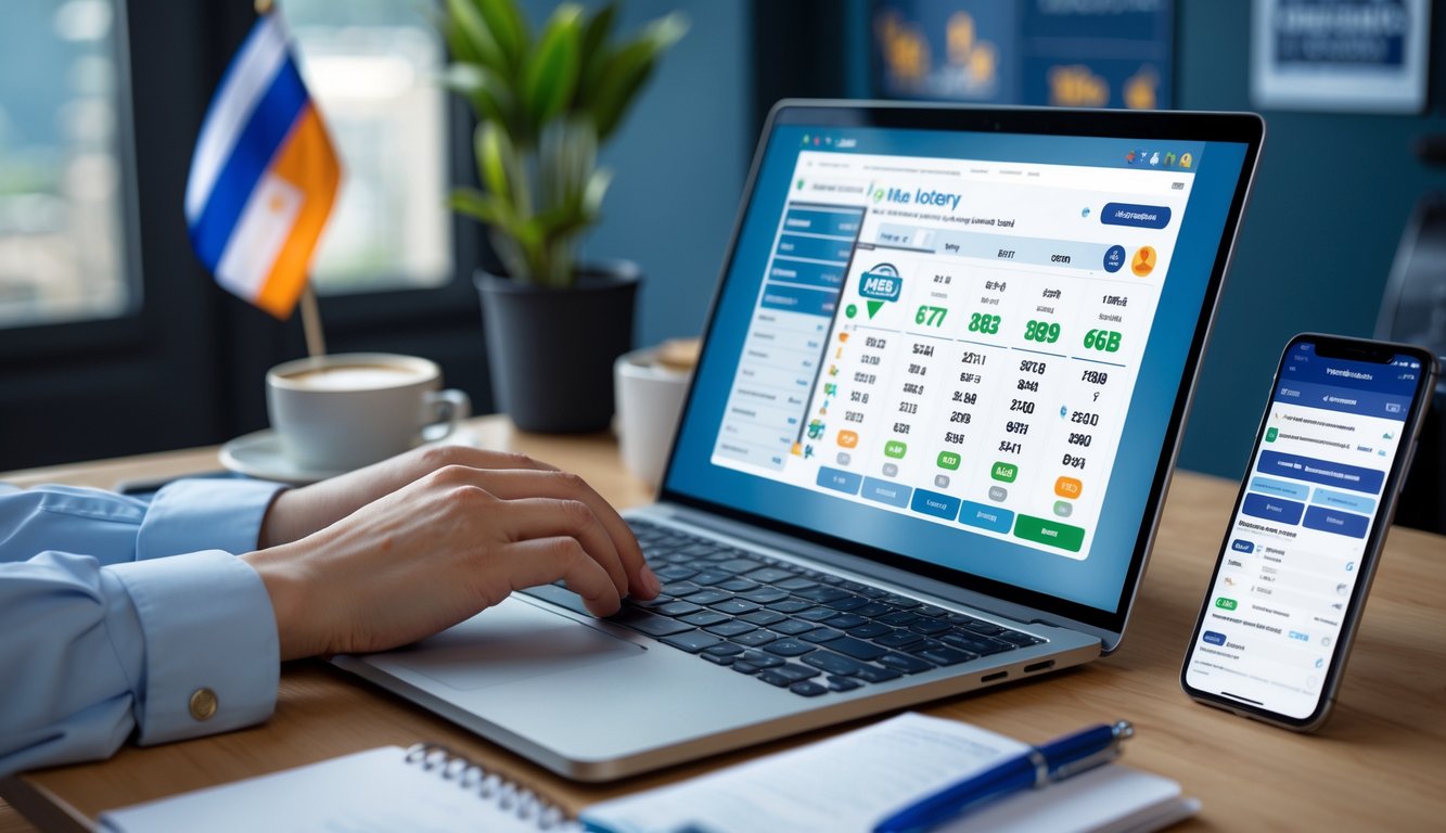 Seseorang sedang bekerja dengan laptop dan ponsel di meja yang rapi, menganalisis data togel online dengan latar belakang dekorasi kecil bertema Thailand.