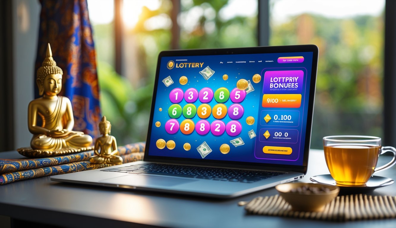 Seseorang menggunakan laptop di meja dengan elemen budaya Thailand di sekitar, menampilkan suasana permainan lotere online.