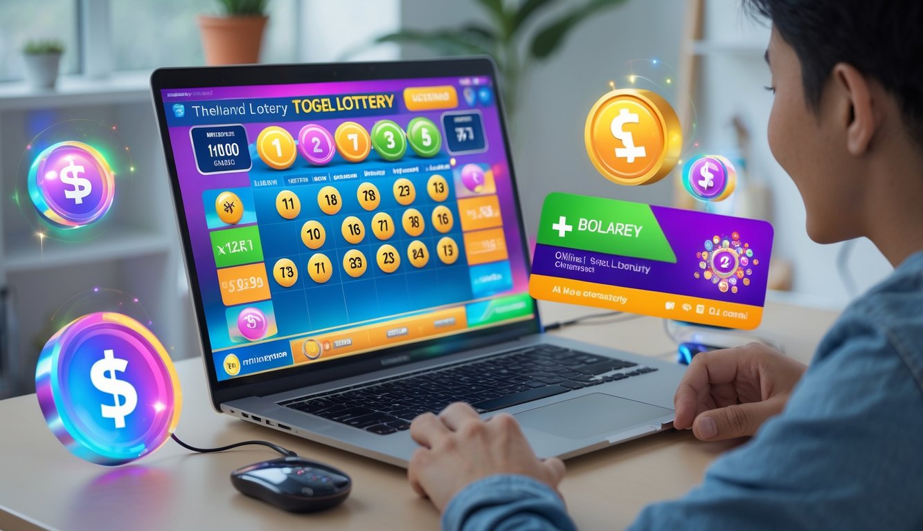 Seseorang menggunakan komputer dengan tampilan permainan togel online Thailand dan ikon bonus di sekitar meja kerja yang rapi.