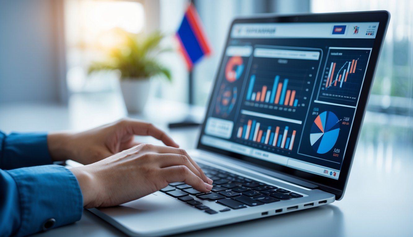 Seseorang menggunakan laptop dengan grafik dan angka di layar, menunjukkan analisis prediksi togel online terkait Thailand.