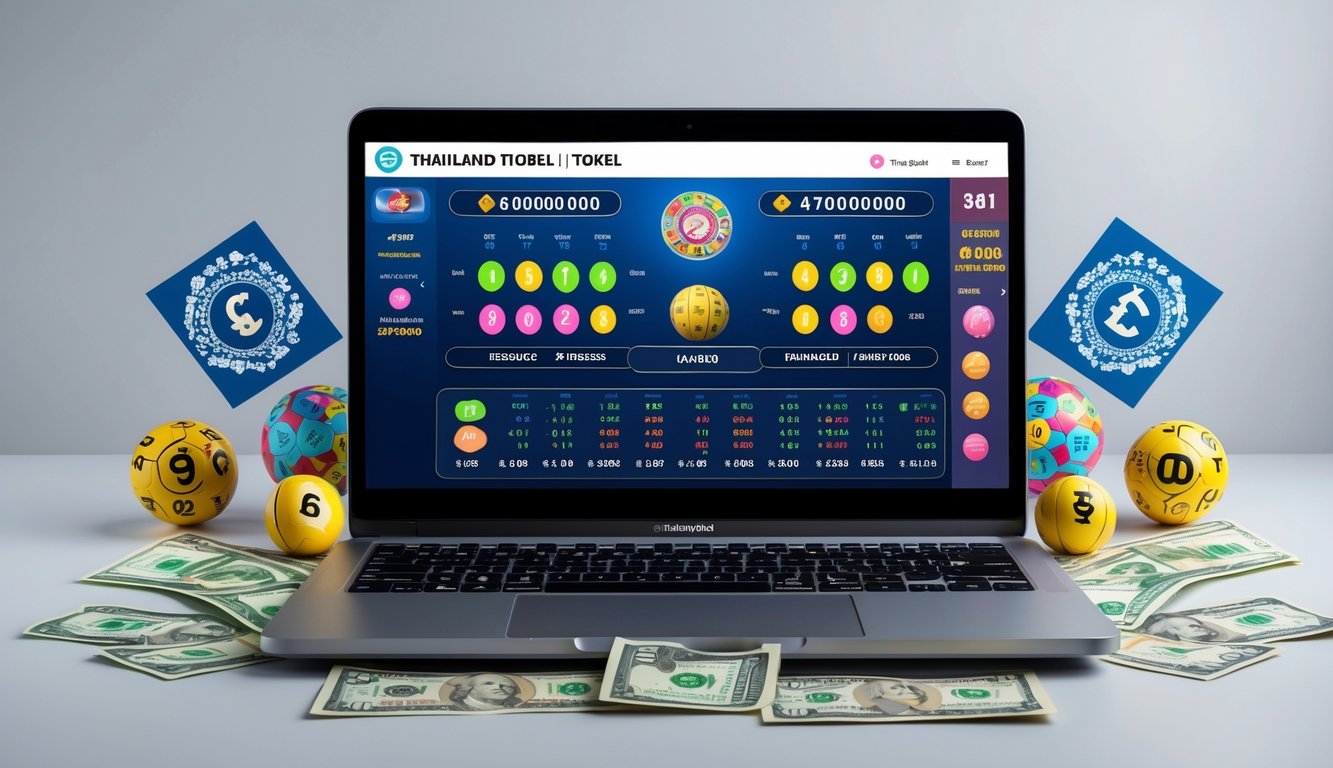 Seseorang menggunakan laptop dengan tampilan permainan togel online Thailand, di meja terdapat bola togel dan elemen keberuntungan.