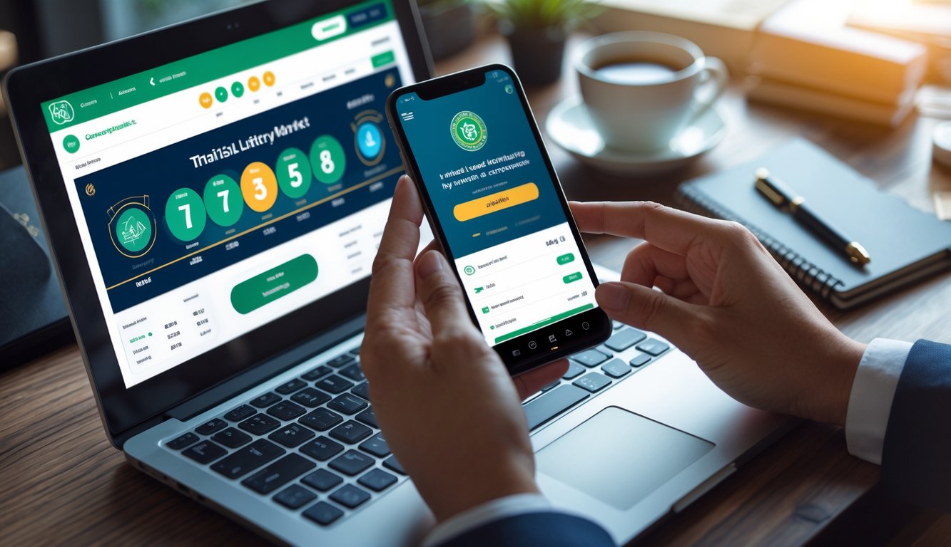 Seseorang menggunakan laptop dan ponsel di meja kerja dengan alat tulis dan secangkir kopi.