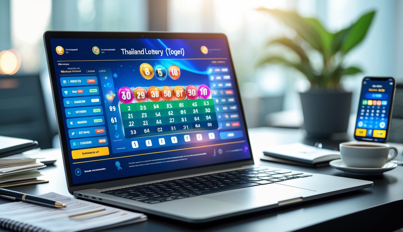 Meja kerja dengan laptop yang menampilkan antarmuka permainan togel Thailand, catatan dan ponsel di sekitarnya, di ruang kantor yang terang.