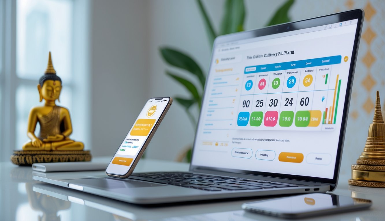 Sebuah ruang kerja modern dengan laptop dan ponsel yang menampilkan antarmuka lotere online dan konfirmasi pembayaran cepat, dengan elemen budaya Thailand di latar belakang.