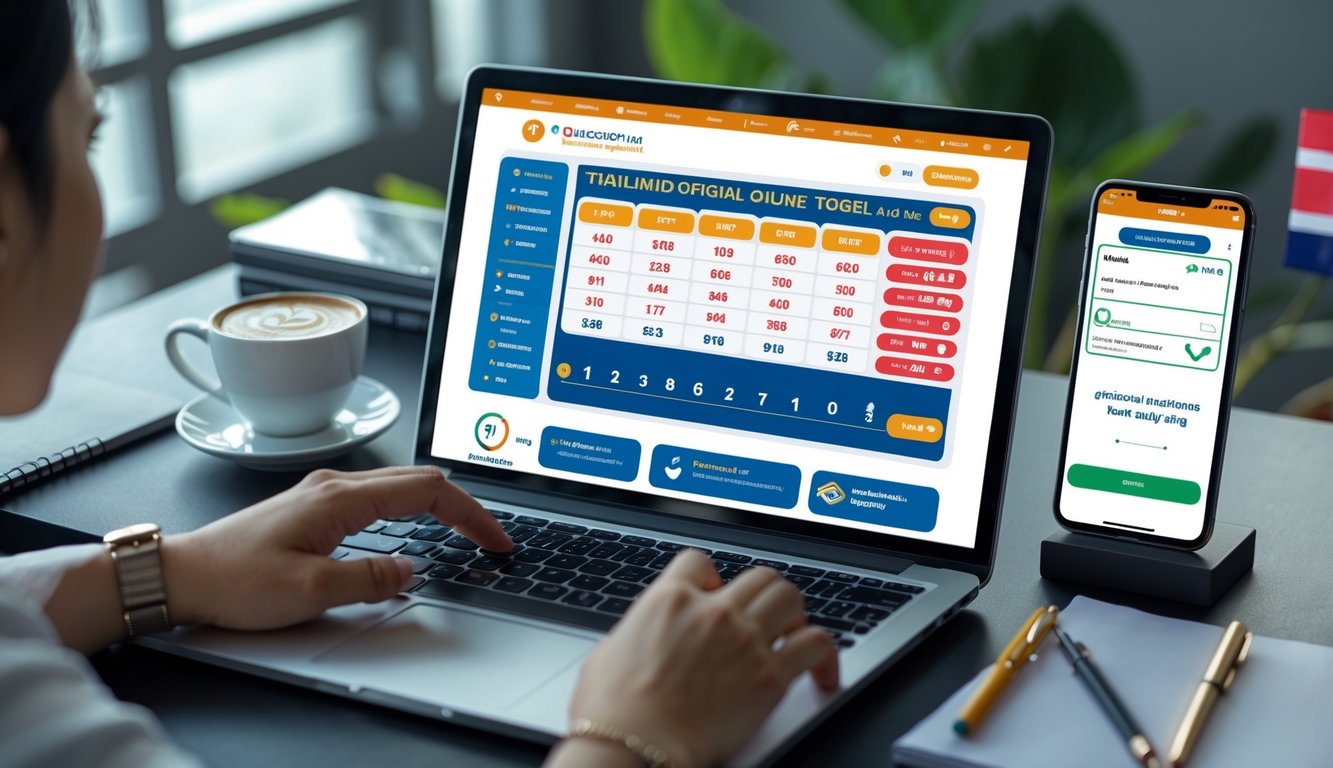 Seseorang menggunakan laptop di meja kerja dengan tampilan situs judi togel online, ponsel menunjukkan konfirmasi pembayaran, dan bendera kecil Thailand di latar belakang.