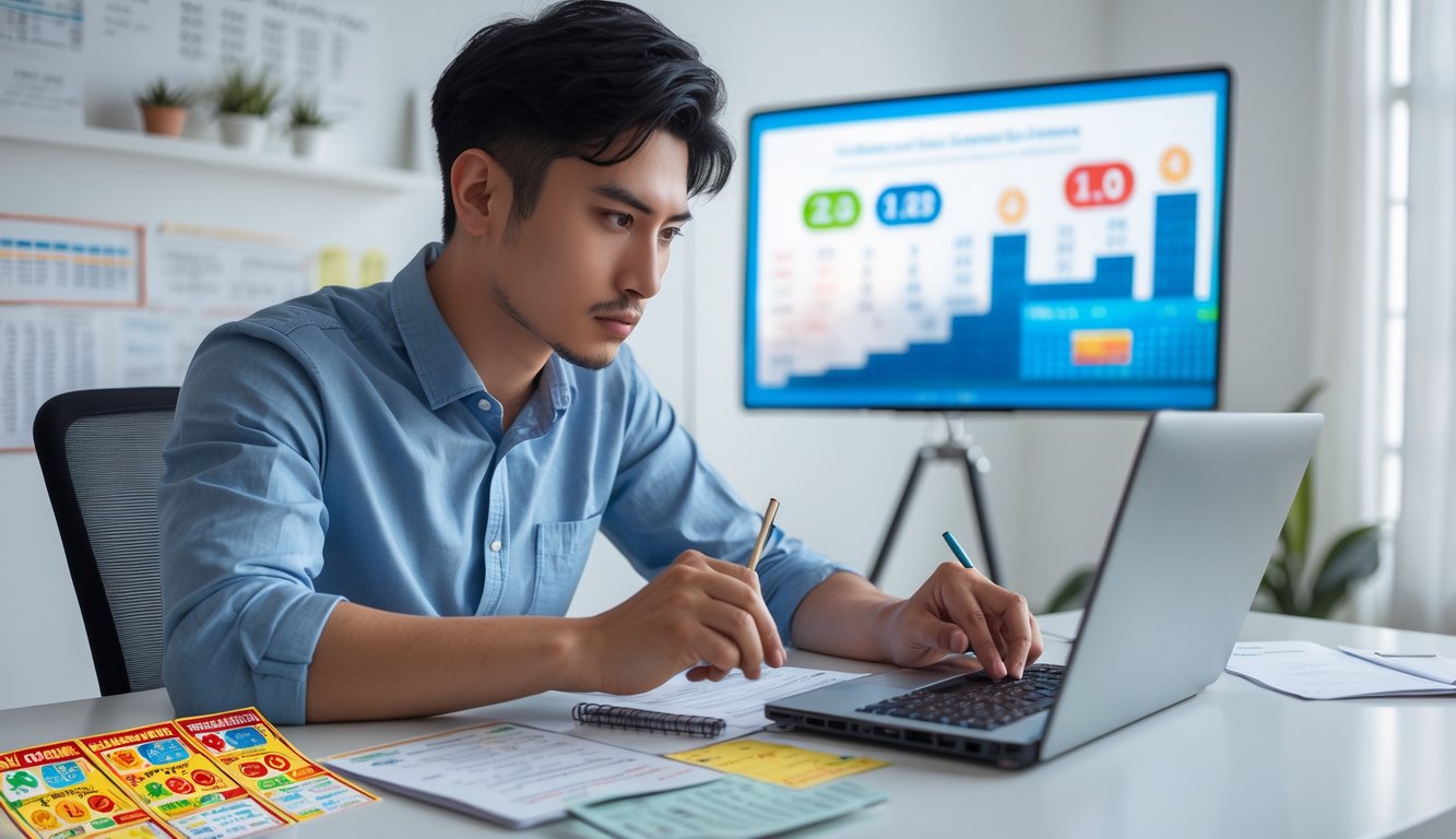 Seorang pria muda duduk di meja dengan laptop, kalkulator, dan catatan, fokus menganalisis data terkait judi togel online.