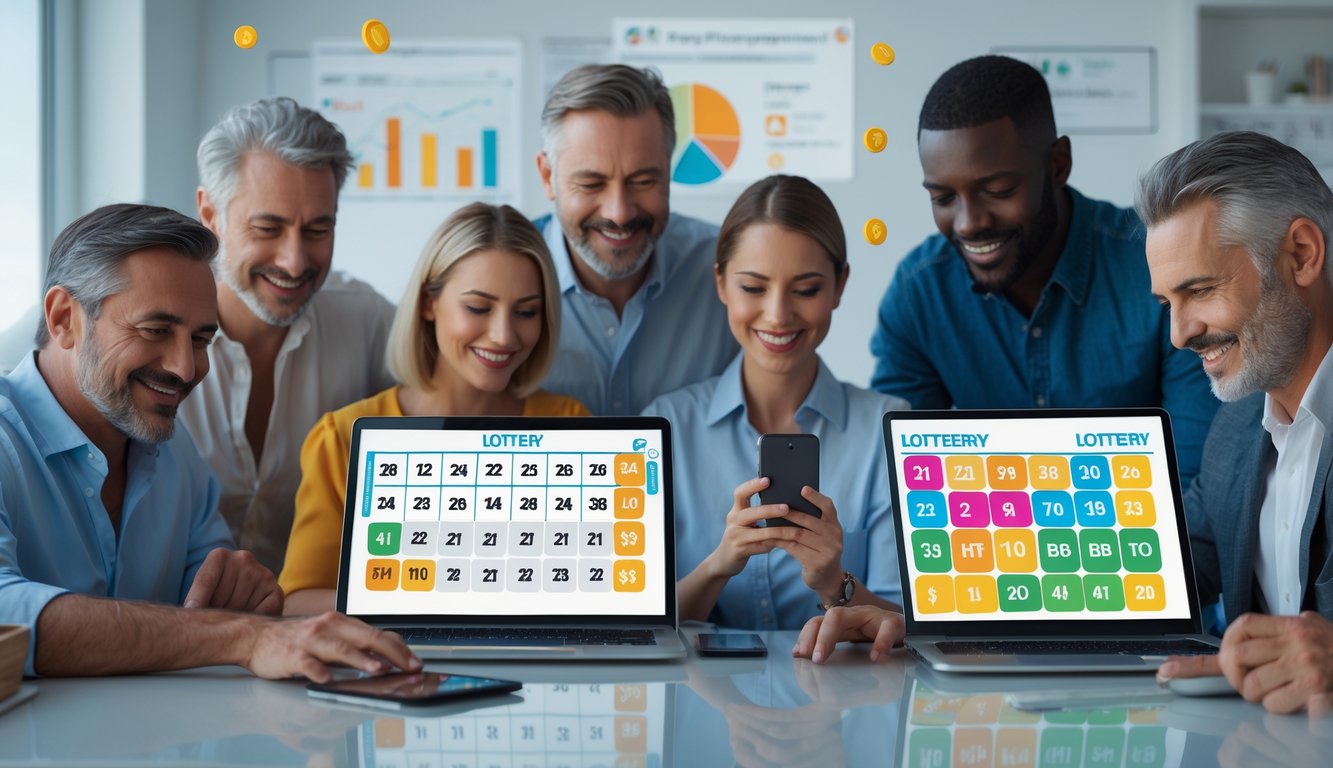 Beberapa orang menggunakan perangkat digital di ruang kerja modern, terlihat fokus pada layar yang menampilkan angka lotre.
