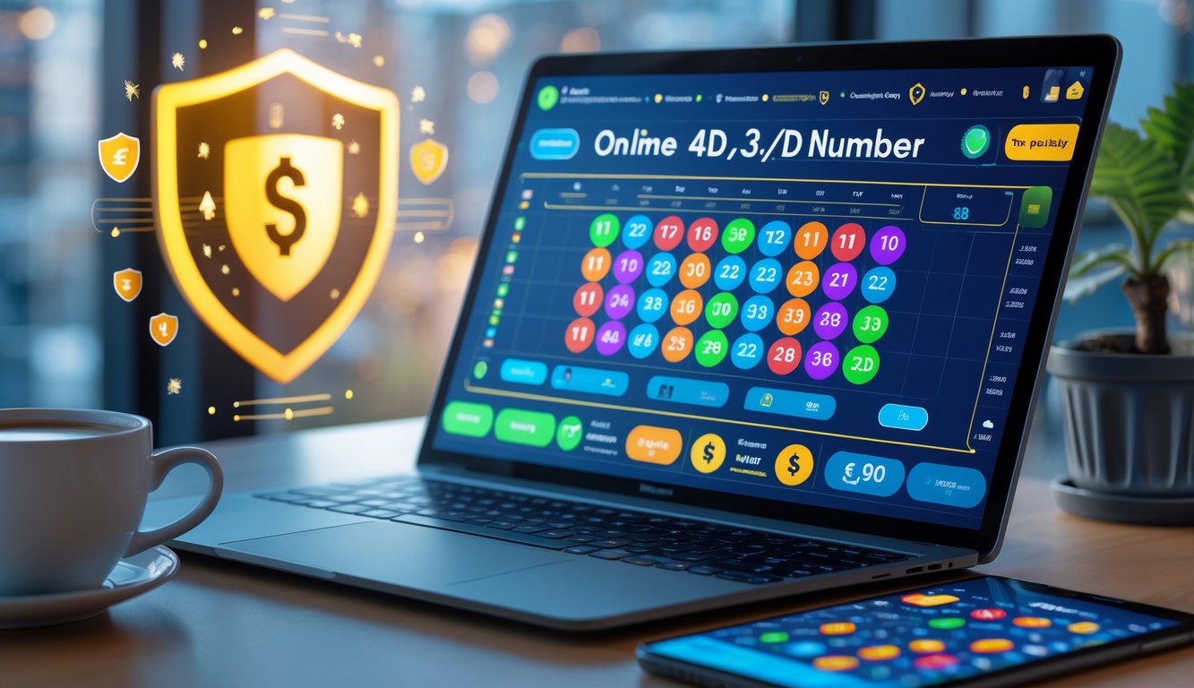 Meja kerja dengan laptop yang menampilkan antarmuka togel online, di sekitar terdapat simbol keamanan dan perangkat elektronik.