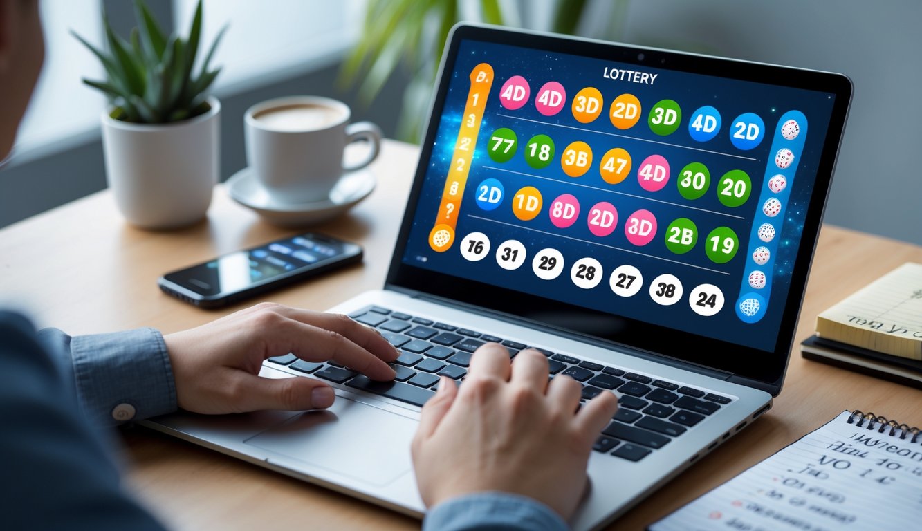 Seorang pengguna sedang bermain judi togel online di laptop dengan tampilan angka togel di layar, di meja terdapat kopi, ponsel, dan catatan.
