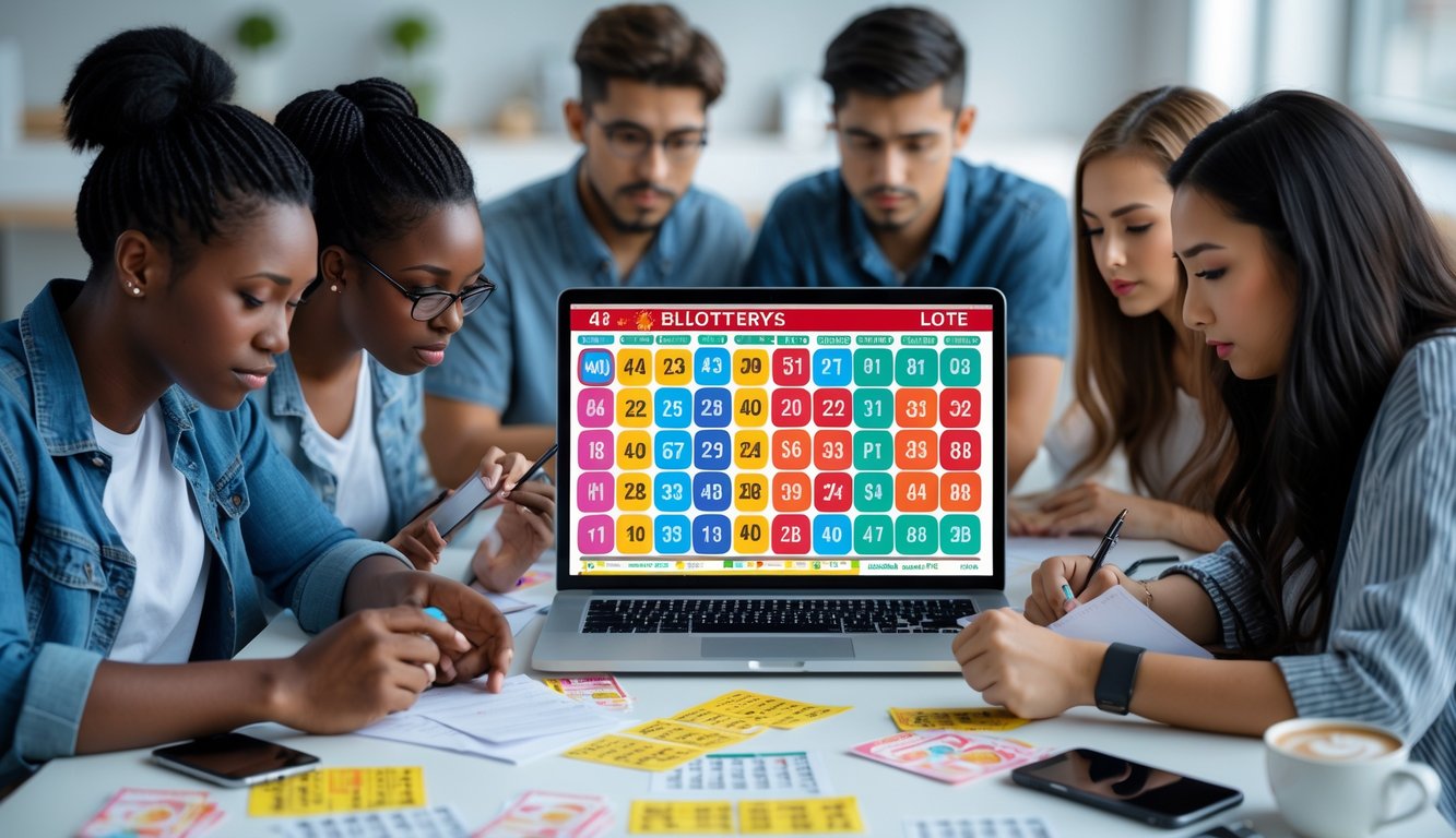 Beberapa orang muda sedang menggunakan laptop di meja kerja dengan tampilan antarmuka lotere digital, di sekitar terdapat tiket lotere dan alat tulis.