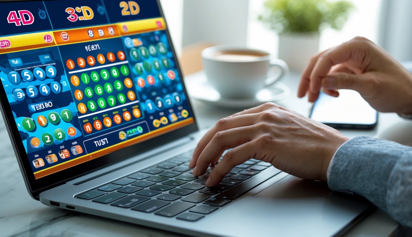 Seseorang menggunakan laptop untuk bermain judi togel online dengan tampilan angka dan grafik di layar.