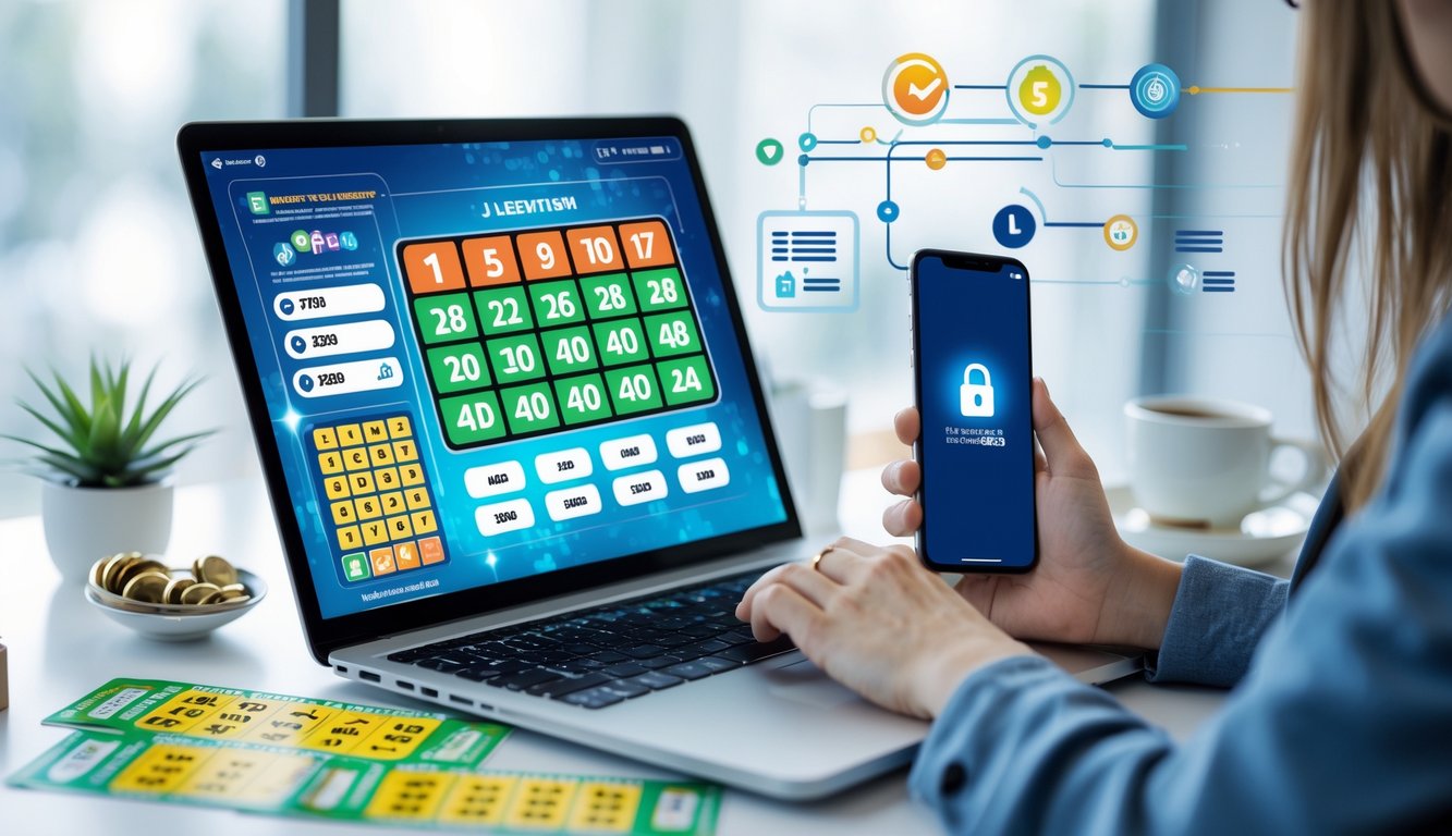 Seseorang menggunakan laptop dan ponsel untuk bermain judi togel online dengan tampilan angka dan grafik di meja kerja yang rapi.