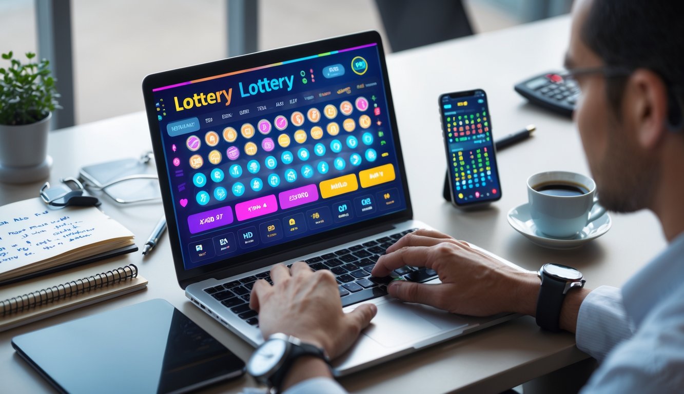 Seorang pria sedang menggunakan laptop dengan tampilan angka dan grafik togel online di meja kerja yang rapi.