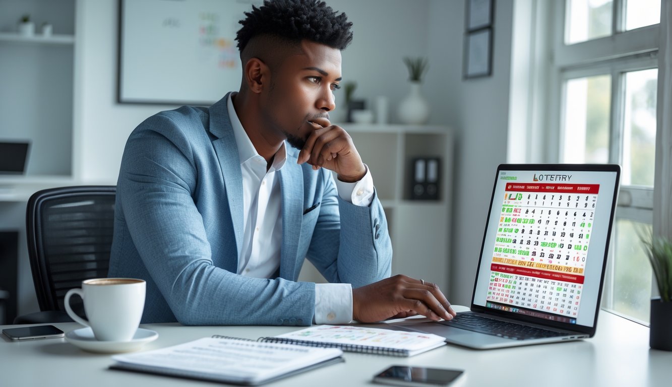 Seseorang duduk di meja dengan laptop dan catatan, fokus menganalisis angka togel di ruang kerja rumah.