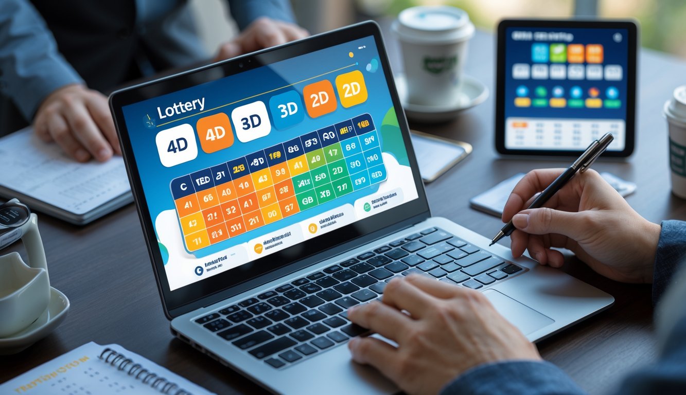 Seseorang duduk di meja kerja dengan laptop dan perangkat digital lain, menganalisis data prediksi togel secara online.
