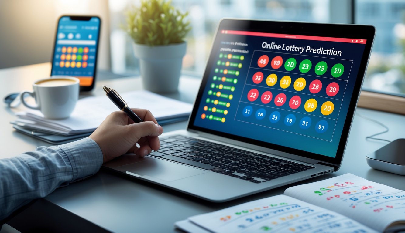 Seorang individu sedang bekerja di meja dengan laptop yang menampilkan grafik dan angka prediksi togel, di samping terdapat catatan dan ponsel di atas meja.