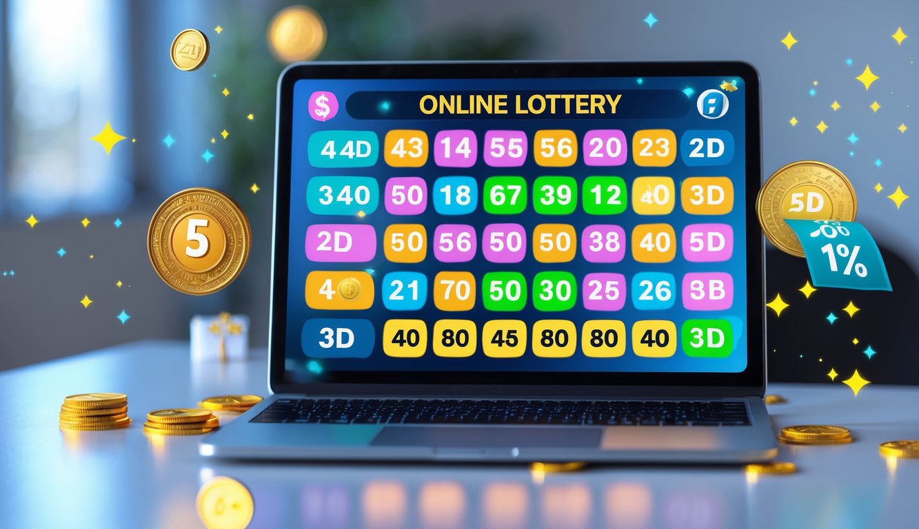 Sebuah laptop atau ponsel di atas meja menampilkan angka togel warna-warni dengan elemen koin dan kotak hadiah di sekitarnya.