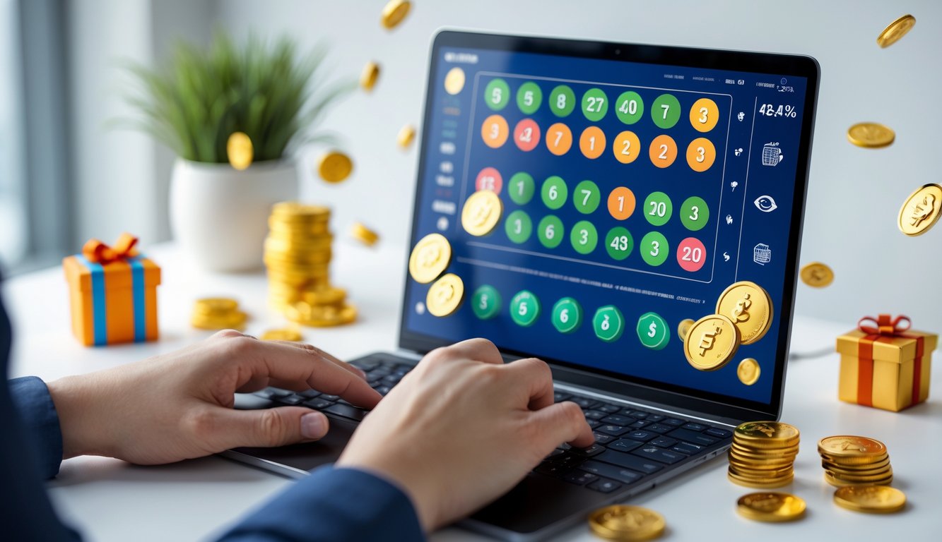 Seorang pengguna sedang menggunakan perangkat digital dengan tampilan angka lotre dan simbol bonus di sekitarnya.
