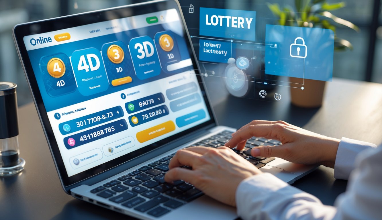 Seseorang sedang mengetik di laptop dengan tampilan situs judi togel online yang menampilkan angka dan opsi permainan 4D, 3D, dan 2D, di ruang kerja yang rapi dan terang.