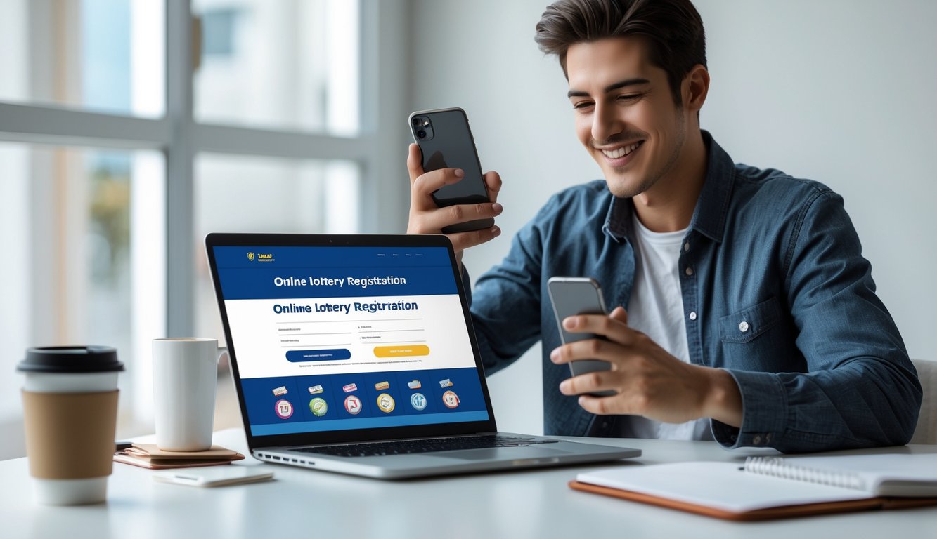 Seseorang duduk di meja kerja dengan laptop dan ponsel, sedang mendaftar judi togel online.