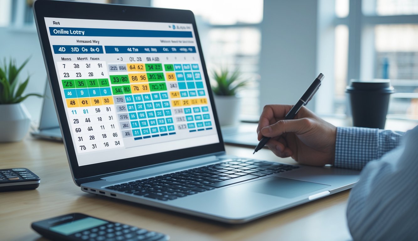 Seseorang sedang menganalisis data lotere online di meja kerja dengan laptop, buku catatan, dan alat tulis.