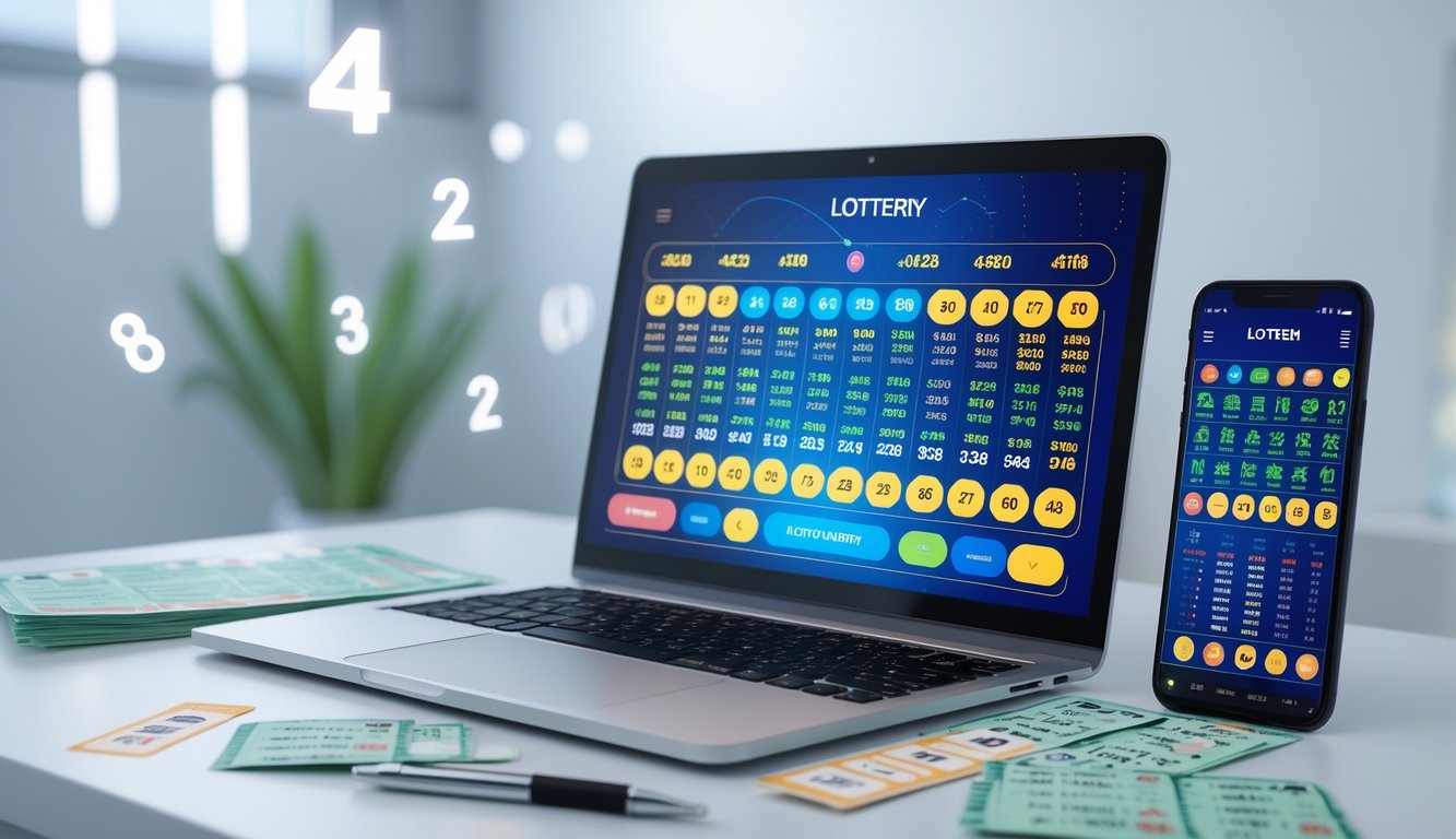 Meja kerja dengan laptop, tiket lotere, dan ponsel yang menampilkan data judi togel online dengan suasana fokus dan profesional.