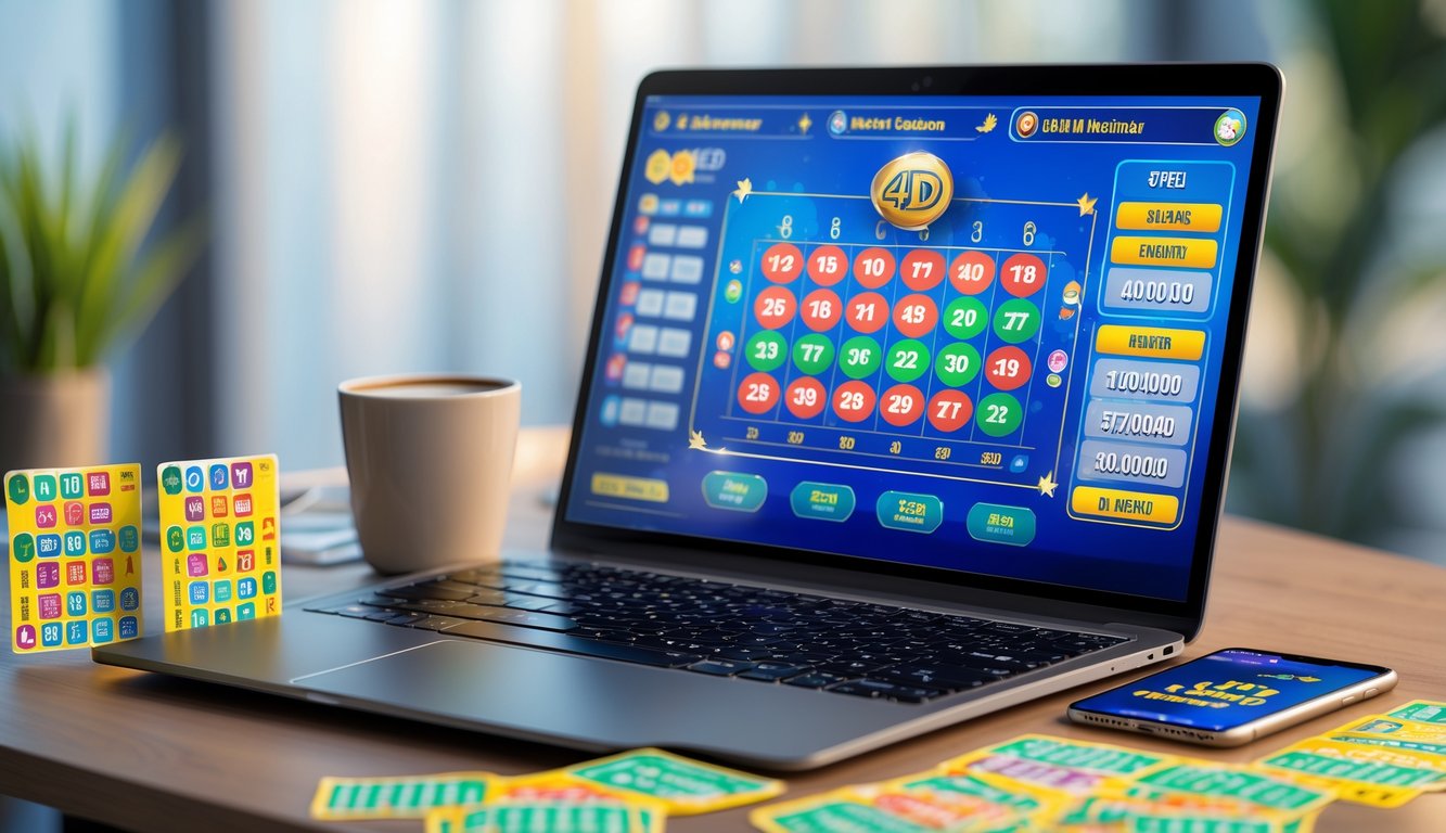 Seorang pemain sedang menggunakan laptop dan ponsel untuk bermain judi togel online dengan tiket dan kopi di meja.
