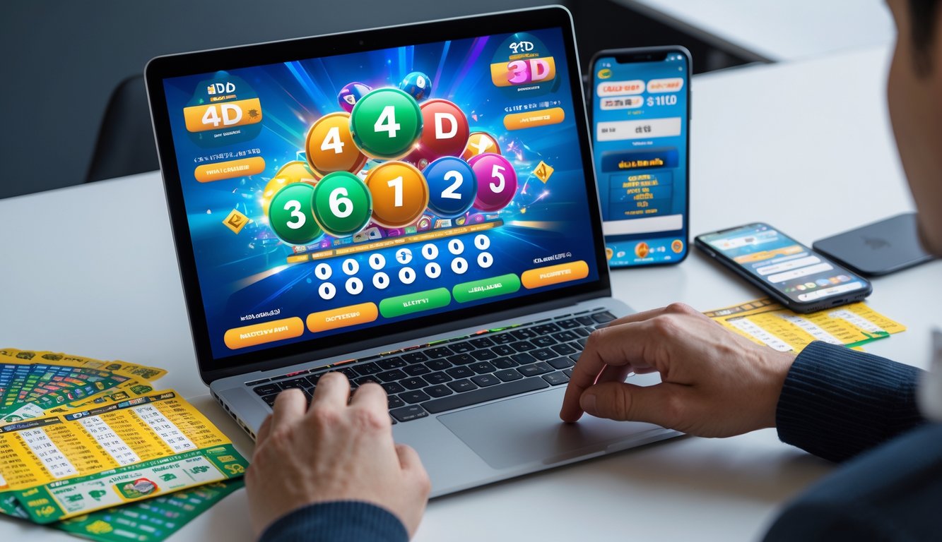 Seseorang menggunakan laptop dan ponsel untuk bermain judi togel online dengan tiket togel di meja.