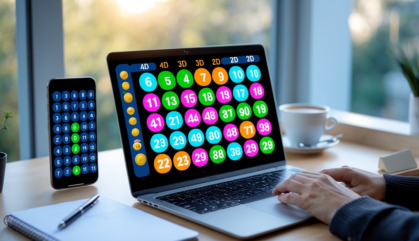 Seorang pria duduk di depan laptop dengan layar yang menampilkan antarmuka permainan togel online, dikelilingi oleh ponsel, cangkir kopi, dan buku catatan di meja kerja.