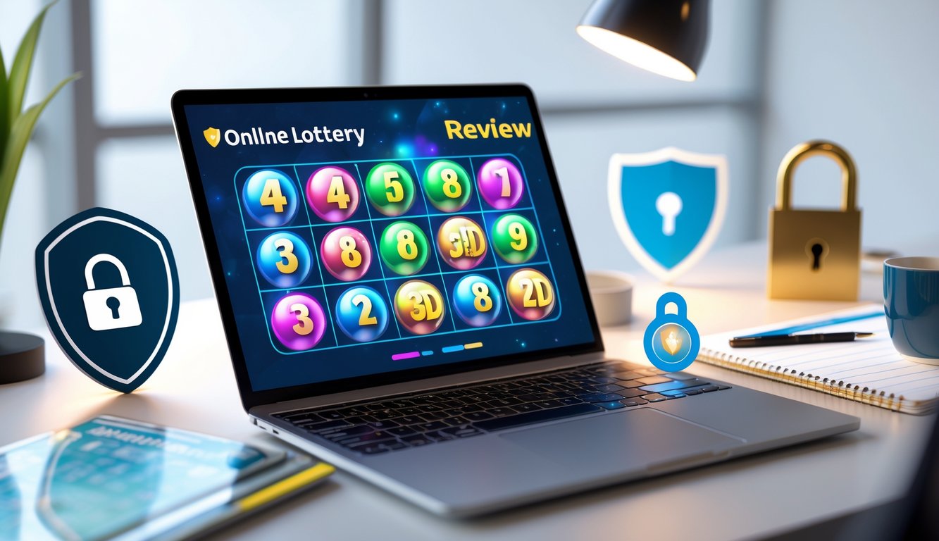 Sebuah ruang kerja modern dengan laptop yang menampilkan antarmuka permainan togel online dan elemen keamanan di sekitarnya.