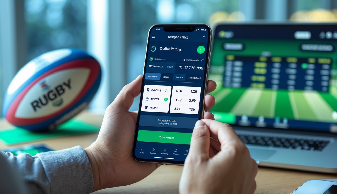 Tangan seseorang memegang ponsel yang menampilkan aplikasi taruhan rugby online dengan bola rugby dan laptop di latar belakang.