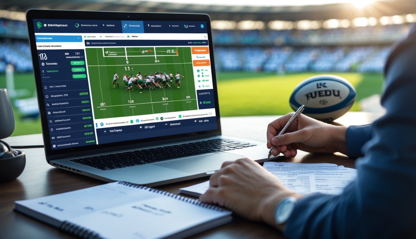 Seseorang di meja kerja dengan laptop menampilkan pertandingan rugby dan peluang taruhan, sambil mencatat statistik di notepad.