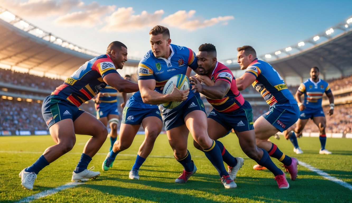 Pertandingan rugby yang intens di lapangan hijau dengan pemain yang sedang beraksi dan penonton di stadion besar.