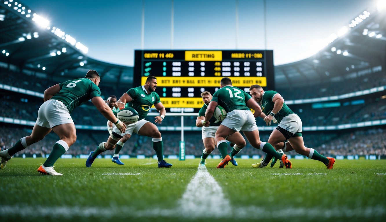 Pertandingan rugby yang intens dengan pemain yang beraksi di lapangan hijau, latar belakang menampilkan papan skor digital dan kerumunan penonton.