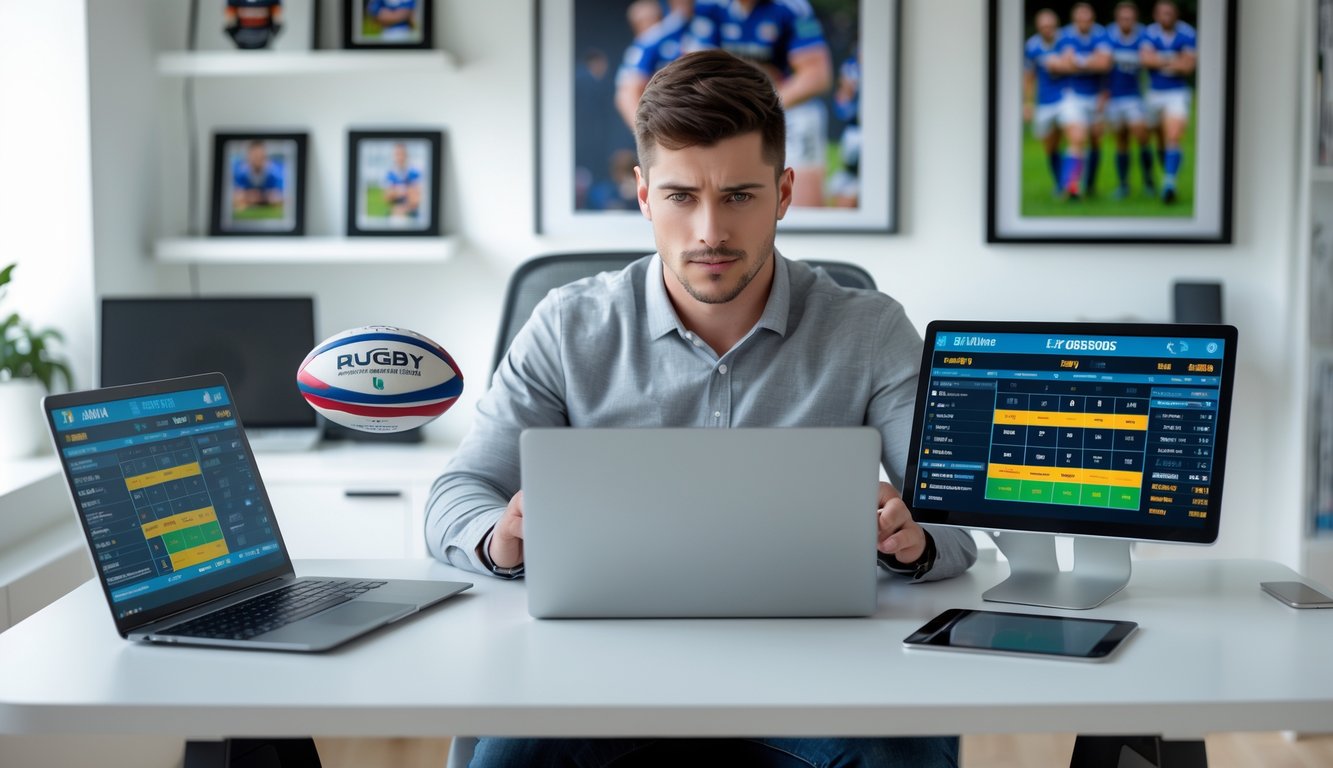 Seorang pria muda duduk di meja dengan laptop dan ponsel, fokus melihat statistik taruhan rugby online di ruang kerja rumah.