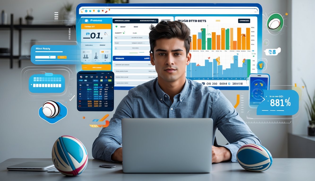 Seorang dewasa muda duduk di meja dengan laptop terbuka menampilkan situs taruhan rugby, dikelilingi bola rugby dan perangkat digital yang menunjukkan statistik dan pembaruan pertandingan.